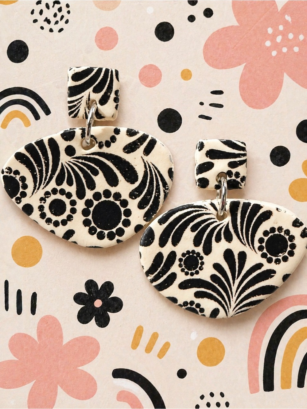 Black & Cream Floral Drop Handmade Polymer Clay Earrings